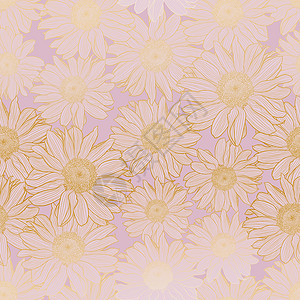 洋甘菊花的花卉矢量无缝图案 浅淡的淡紫色柔和的颜色与金色的 outlin图片
