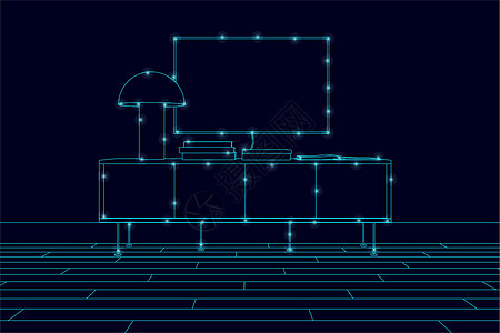 染色灯内部的轮廓与电视和深色背景上由蓝色线条制成的床头柜 它制作图案矢量插画