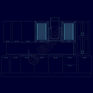 从深色背景上的蓝线看厨房的轮廓 它制作图案矢量图片