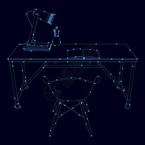 工作场所的轮廓 桌子和椅子由深色背景上的蓝色线条制成 它制作图案矢量图片