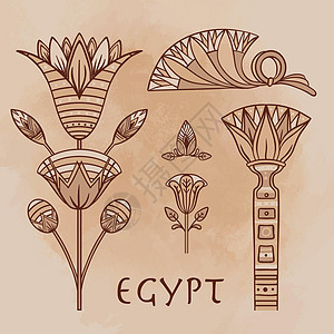 埃及花卉设计元素设置在米色垃圾背景上 莲花图文化古董花瓣插图植物文明宝藏标识艺术叶子图片