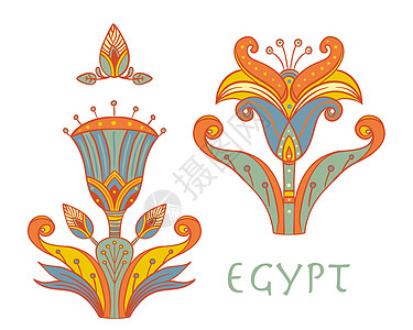 埃及花卉多彩设计元素集隔离在白色 莲花图古董百合植物宝藏织物历史风格装饰博物馆珠宝图片