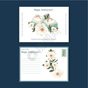 带有红色海军婚礼概念的明信片模板 水彩风格问候语花园玫瑰植物群庆典营销插图叶子邀请函传单图片
