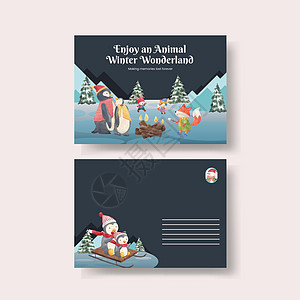 带有动物的明信片模板享受冬季概念 水彩风格营销狐狸毛皮插图企鹅雪堆天气街道兔子场地图片