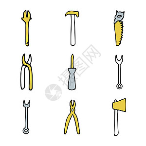锯线切割机可调节扳手锤螺丝起子采用时尚颜色 黄色和灰色 矢量图流行锤子机械金属维修螺丝刀风格插图工作活动图片