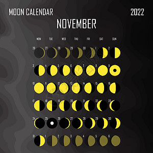 2022 年 11 月月历 占星日历设计 规划师 贴纸的地方 月周期计划器模型 孤立的黑色和白色背景新月日记插图星星议程日程极简图片