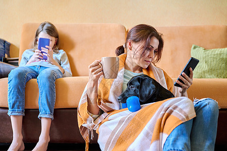 妈妈 女儿和狗儿 坐在沙发上坐在家里看智能手机屏幕童年房间消息长椅女孩移植性技术女士母亲电话图片