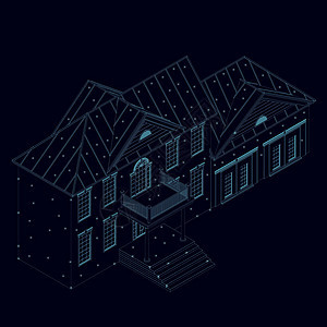 一栋两层楼房屋的线框 由蓝色线条构成 深色背景上带有发光灯 等距视图矢量图图片