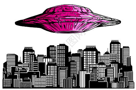 不明飞行物在城市上空的夜空中与辐射束旅行飞行摩天大楼车辆建筑飞船攻击运输插图飞碟图片