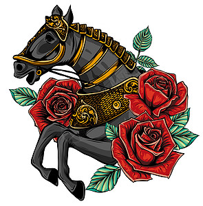刺绣马头和野蔷薇dogrose花力量花园装饰品花朵衣服织物野玫瑰植物荒野运动图片