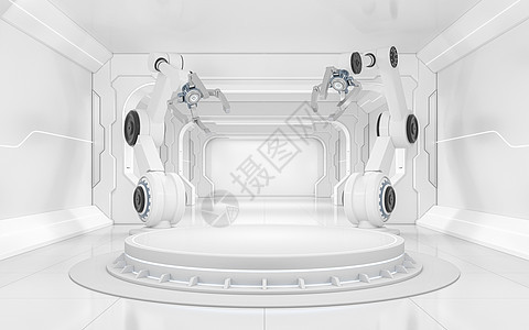 空荡荡的舞台和机械臂 3d 渲染生产技术手臂科学机器发明车站智力产品工程图片