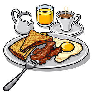 英文早餐橙子咖啡盘子面包食物餐厅香肠火腿猪肉果汁图片