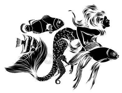 可爱的美人鱼与水母 以现代风格黑色剪影绘制的时尚插画图片