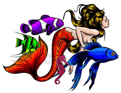 美人鱼和她充满生命和色彩的水下世界的矢量插图 矢量巨石公主诱惑海星章鱼尾巴规划蓝色女孩卡通片图片