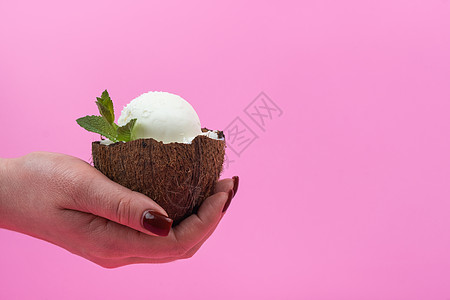 粉红色背景上用薄荷叶装饰的新鲜椰子半香草冰淇淋球产品甜点水果薄荷牛奶食物叶子树叶情调热带图片