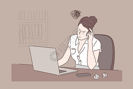 烧生蚝坐在办公桌前的女孩女商务人士在办公室概念中使用电脑设计图片