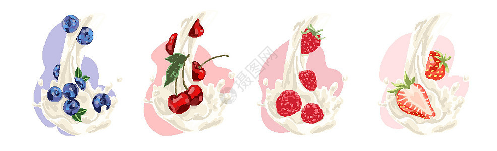 天然牛奶流与多汁的蓝莓樱桃覆盆子和草莓维生素饮食甜有机饮料 se图片