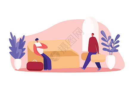 带行李等待登记的旅客坐在沙发上的年轻女士拿着行李的男士宾馆休息室zon图片