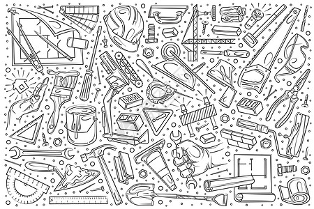 手绘建筑和施工集涂鸦矢量背景起重机水泥房子脚手架团队工程师画家财产保险项目图片