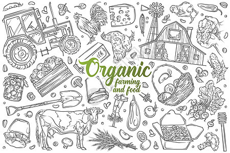 手绘有机农业和食品集涂鸦矢量背景农场环境拖拉机收成食物生产场地蜂蜜生物营养图片