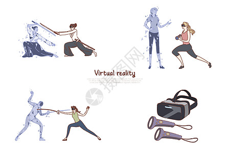 VR 耳机中的女性 sar 休闲健身训练击剑视频游戏数字娱乐未来科技旗帜图片