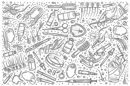 手绘头发移植设置涂鸦矢量背景手术诊所洗发水药品秃头男性镊子头皮秃顶背包图片