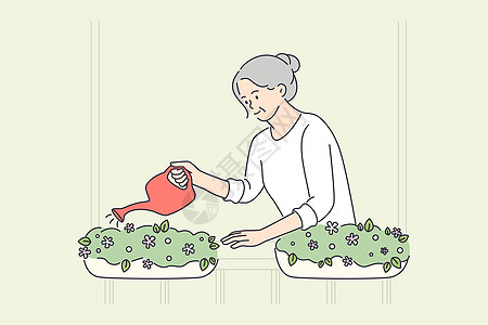 老年人快乐的生活方式概念女士乡下人季节祖父母植物插图园丁母亲民间水域图片