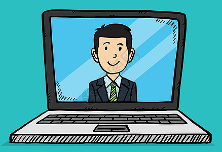 在笔记本电脑屏幕上与商务人士进行视频对话 卡通风格插画的笔记本电脑图片