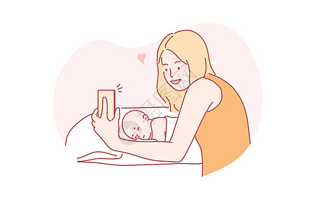 浴室照片概念女性电脑孩子母亲女士照片卡通片新生自拍视频插画