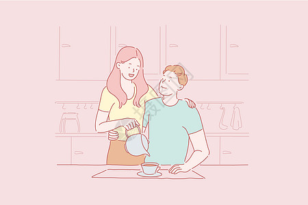 情侣早餐的概念 年轻漂亮的男女在厨房里吃着温柔的景色互相拥抱图片