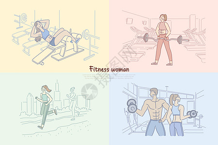 女子在健身房健身俱乐部健美训练强壮男子举重女孩慢跑班尼图片