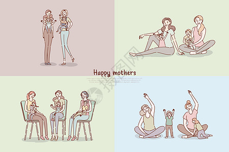 快乐妈妈年轻妈妈与新生儿父母和孩子锻炼保姆横幅模板图片