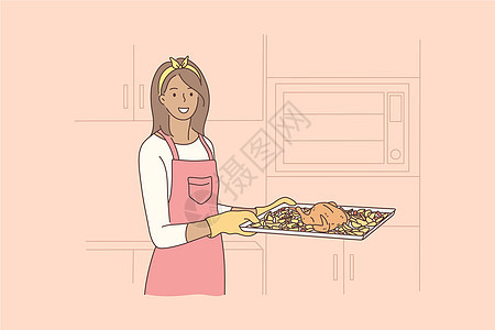 烹饪美食爱好家务概念插图女孩食物女性相机围裙房子烤箱妻子营养图片
