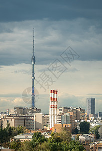 夏季 俄罗斯莫斯科城市景观上方的奥斯坦金诺塔 莫斯科全景和蓝天背景下的电视塔 莫斯科城市天际线与莫斯科住宅区全景房子收音机蓝色风图片