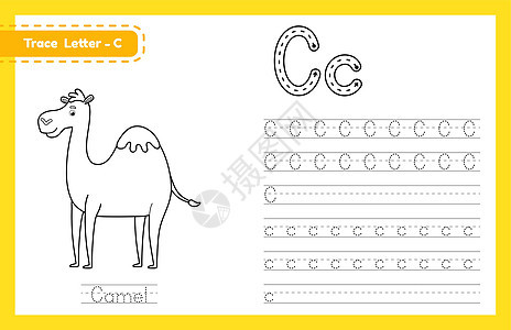 跟踪字母 C 的大写和小写 字母追踪练习学前工作表 供孩子们用可爱的卡通动物学习英语 的图画书 它制作图案矢量教育活动染色痕迹插图片