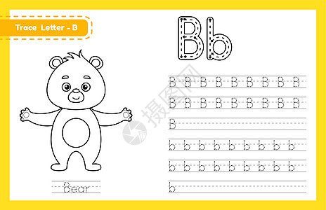 跟踪字母 B 的大写和小写 字母追踪练习学前工作表 供孩子们用可爱的卡通动物学习英语 的图画书 它制作图案矢量背景图片