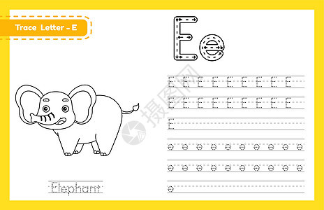 跟踪字母 E 大写和小写 字母追踪练习学前工作表 供孩子们用可爱的卡通动物学习英语 的图画书 它制作图案矢量图片