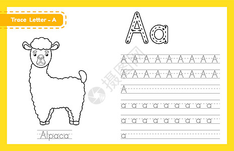 跟踪字母 A 的大写和小写 字母追踪练习学前工作表 供孩子们用可爱的卡通动物学习英语 的图画书 它制作图案矢量图片