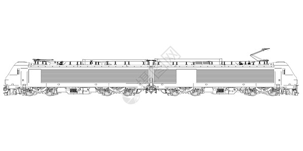 从孤立在白色背景上的黑色线条的电力机车轮廓 详细的火车 侧面图 它制作图案矢量图片