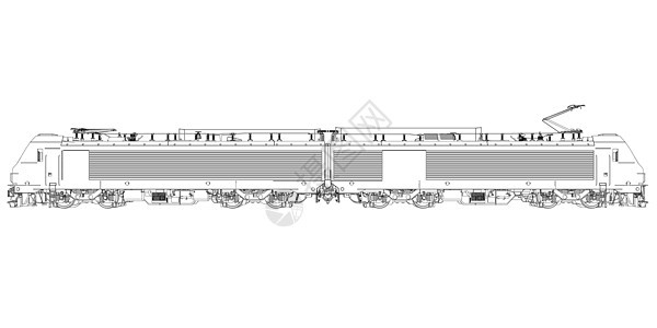 从孤立在白色背景上的黑色线条的电力机车轮廓 详细的火车 侧面图 它制作图案矢量图片