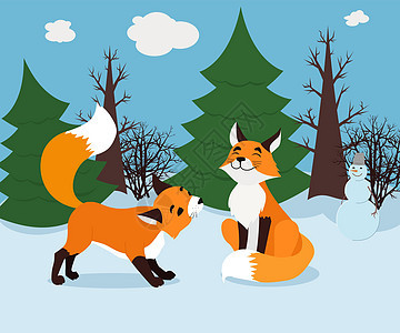 两个可爱的狐狸在冬季森林里玩耍 以卡通风格绘制的矢量图图片