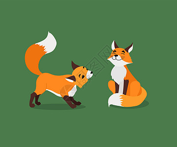 两个可爱的卡通风格的狐狸 绿色背景上的矢量图图片
