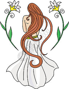 长长的棕色头发和花式鲜花站在她的背上的年轻女子图片