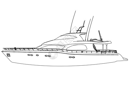 从孤立在白色背景上的黑色线条游艇的轮廓 侧面图 它制作图案矢量发动机奢华航行帆船小地毯假期草图乘客绘画血管图片