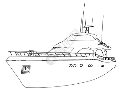 从孤立在白色背景上的黑色线条游艇的轮廓 侧面图 它制作图案矢量海洋航行发动机小地毯甲板奢华旅行插图海浪草图图片