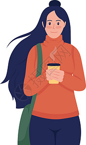咖啡在外套半平面颜色矢量特征的女人图片