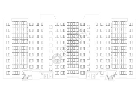 从白色背景上孤立的黑色线条看一栋九层楼的房子的轮廓 它制作图案矢量图片