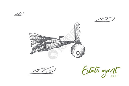 房地产经纪人的概念 手绘孤立的矢量商业财产男性合同航班钥匙协议公寓住宅创造力图片