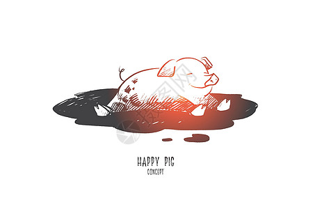 快乐猪的概念 手绘孤立的矢量插图宠物刻字动物卡通片草图情感洗澡哺乳动物幸福图片