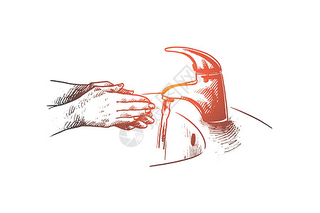 洗手的概念 手绘孤立的矢量草图起重机感染身体皮肤铅笔安全卫生细菌发泡图片